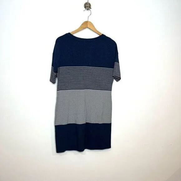 Theory Womens Large Pelloa Engineered Tee T-Shirt Dress Pockets Stripes Navy - Picture 7 of 13